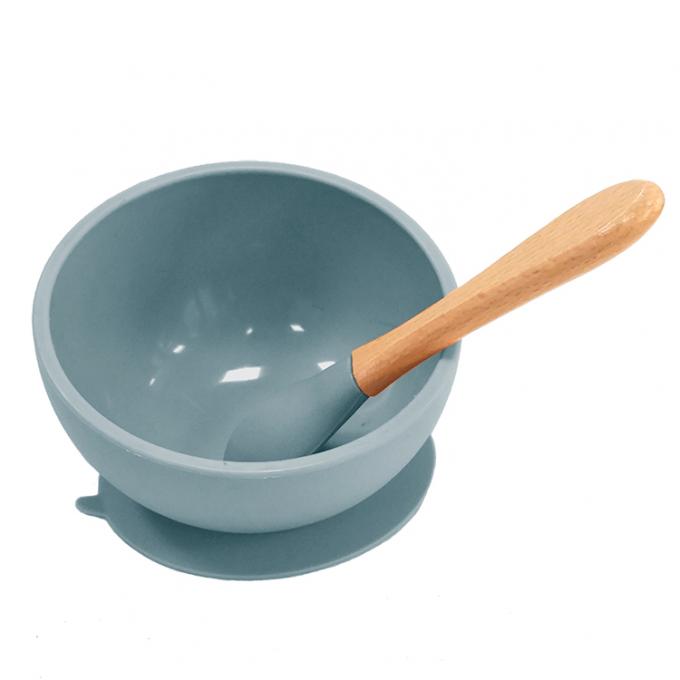 Kundengebundener Druck-Logo Multi Colored Soft Silicone einfach, Silikon-Saugschüssel mit Holzgriff-Löffel zu säubern