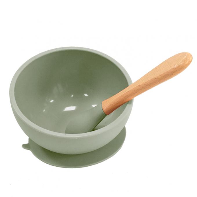 Kundengebundener Druck-Logo Multi Colored Soft Silicone einfach, Silikon-Saugschüssel mit Holzgriff-Löffel zu säubern