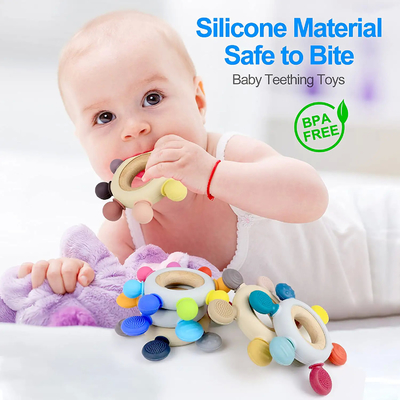 BPA Free 8 Directions Baby Teething Toys with Wooden Ring Soothe Babies Gums
