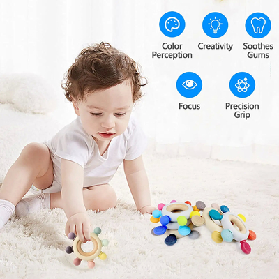 BPA Free 8 Directions Baby Teething Toys with Wooden Ring Soothe Babies Gums